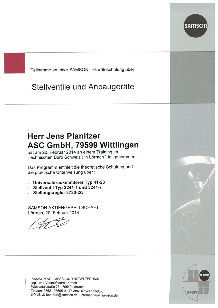 Zertifikat der ASC GmbH - Industrie Armaturen Service Center in Wittlingen