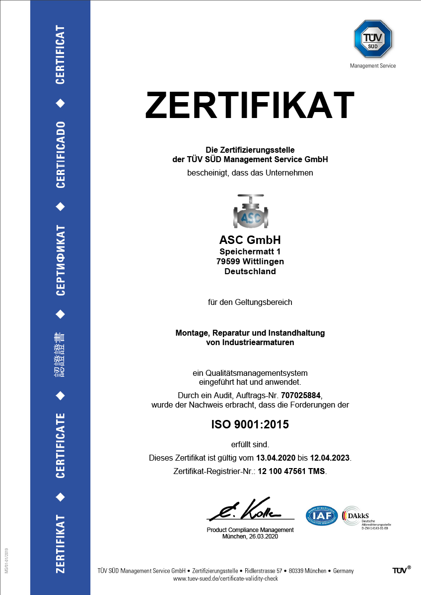 Zertifikat der ASC GmbH - Industrie Armaturen Service Center in Wittlingen