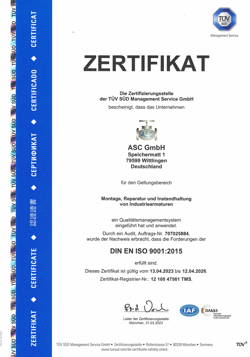 Zertifikat der ASC GmbH - Industrie Armaturen Service Center in Wittlingen