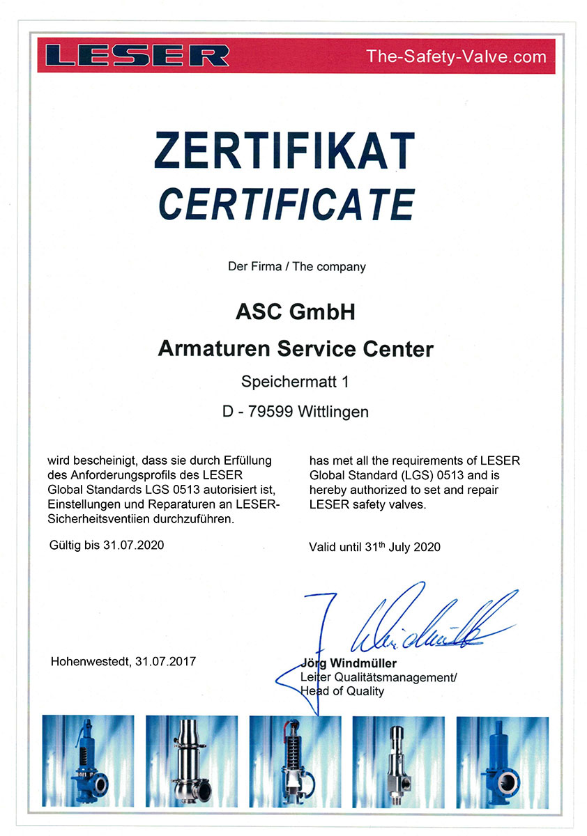 Zertifikat der ASC GmbH - Industrie Armaturen Service Center in Wittlingen